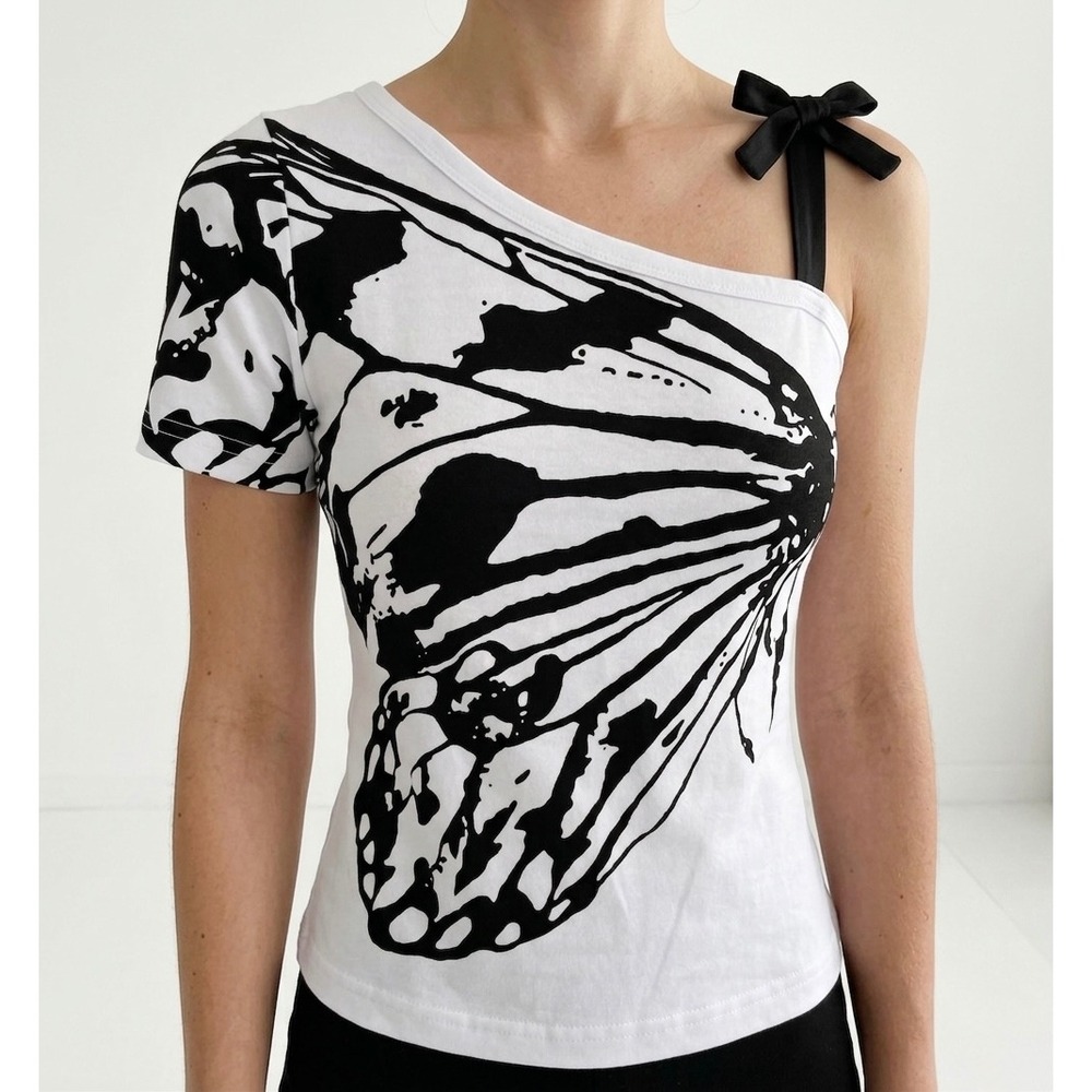 White Butterfly Wing One Shoulder Graphic Top with Black Bow Strap Asymmetric - Picture 3 of 4